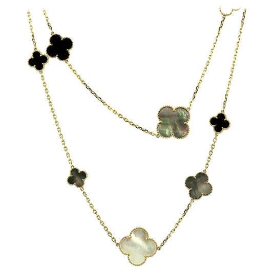 Van Cleef & Arpels CLOVER ONYX MOP 16 MOTIF GOLD 130CM NECKLACE