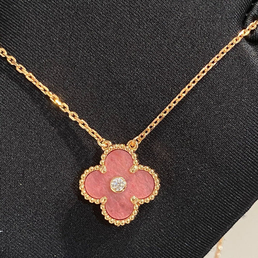 Van Cleef & Arpels CLOVER RHODONITE 1 DIAMOND PINK GOLD NECKLACE