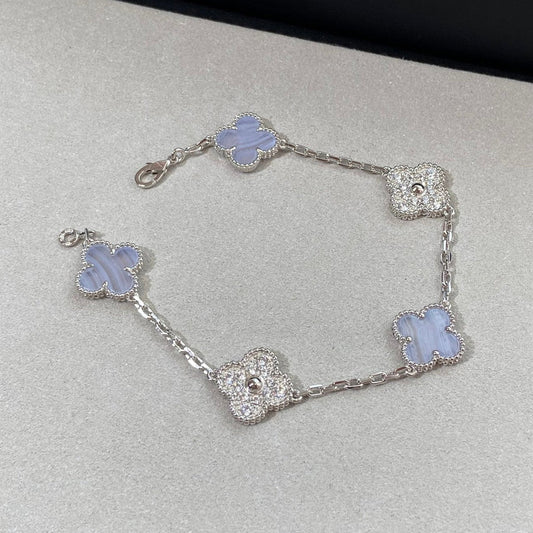 Van Cleef & Arpels CLOVER 5 MOTIF SILVER CHALCEDONY DIAMOND BRACELET