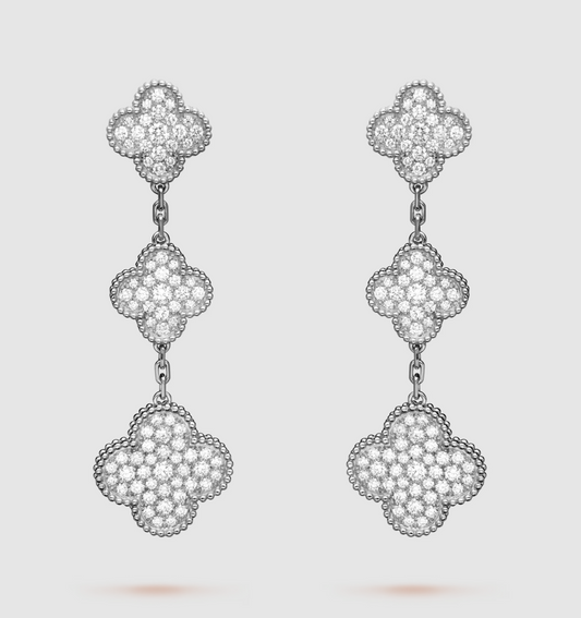 Van Cleef & Arpels CLOVER 3 MOTIF DIAMOND SILVER DROP EARRINGS